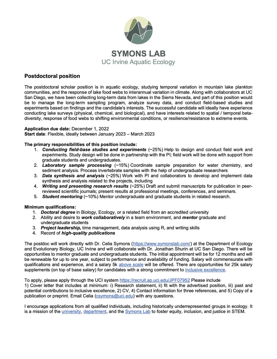 A postdoc position is now open in my lab! If you are interested in aquatic ecology, mountain lakes, &amp; multiscale processes underlying ecosystem stability please get in touch recruit.ap.uci.edu/JPF07952 
Please RT!