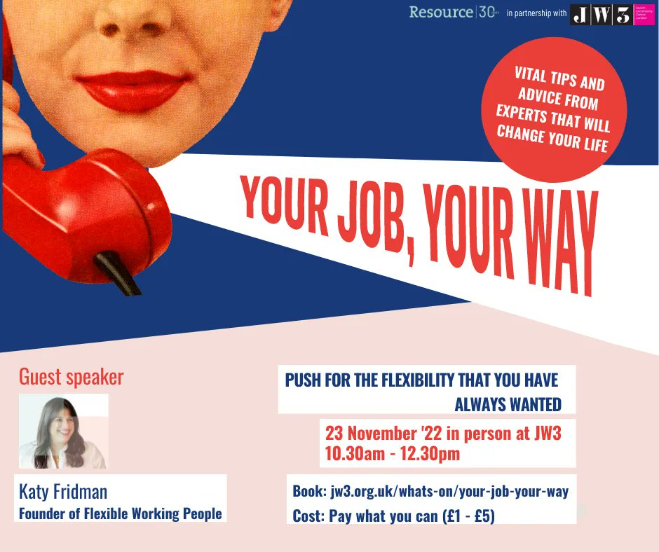 Bookings are now open for our brilliant 𝗬𝗢𝗨𝗥 𝗝𝗢𝗕 𝗬𝗢𝗨𝗥 𝗪𝗔𝗬 event on 23rd November at <a href="/jw3london/">JW3</a>
Join us for a morning of tips and advice from flexible working experts that will change your life! 
Book now buff.ly/3FB9n4y 

#flexibleworking #yourjobyourway