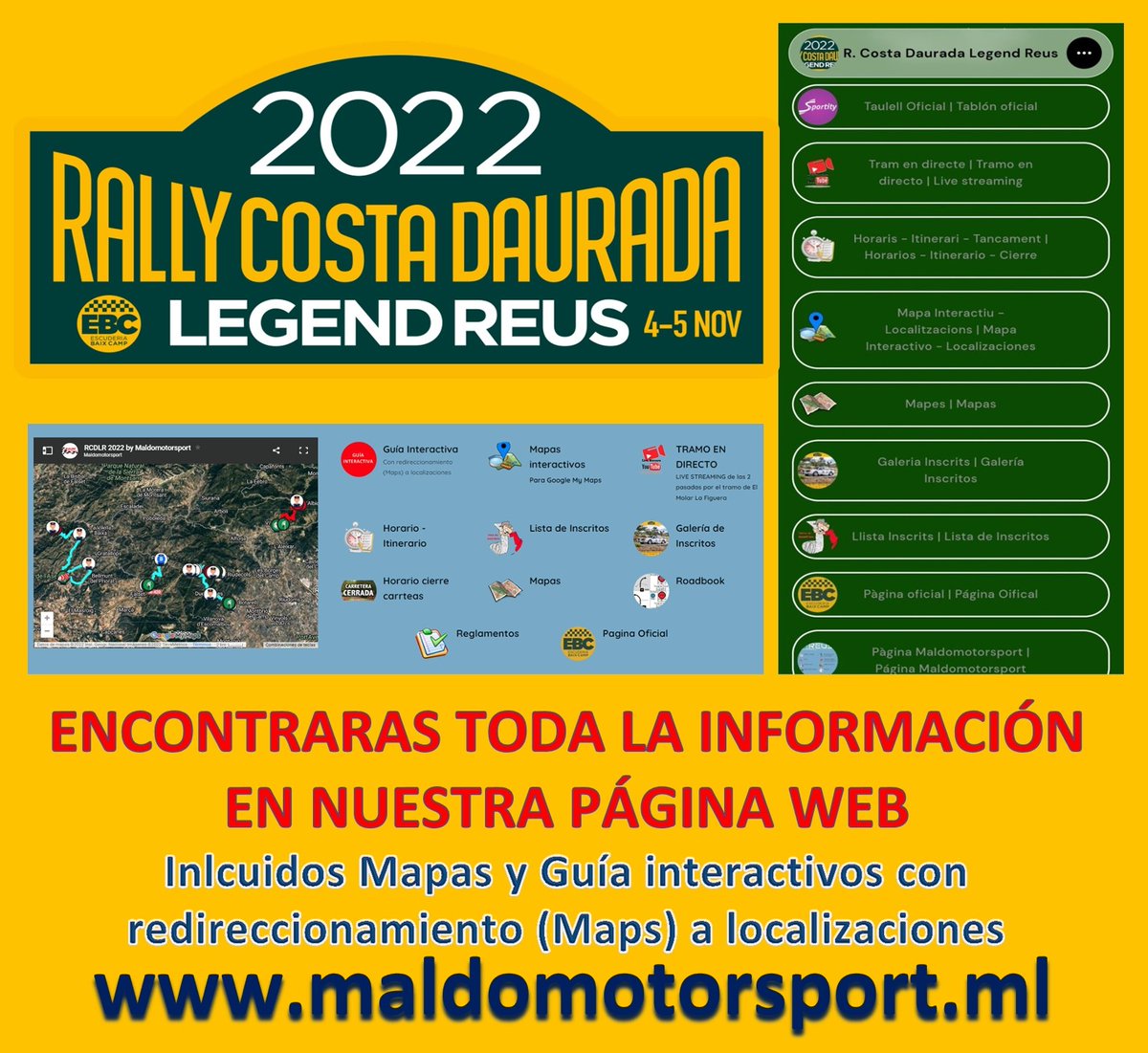 maldomotorsport's tweet photo. 🎯 RALLY COSTA DAURADA LEGEND REUS
📢 Ya tienes toda la ℹ️ en nuestra 🌐 web, incluidos los 🗺️ mapas y 📕 guía interactivos
https://t.co/3FLQhTFTc8
#motorsport #maldomtorsport #rally #costadaurada #legend #informació #mapes #guia #interactius https://t.co/WDmdX2s6Ek