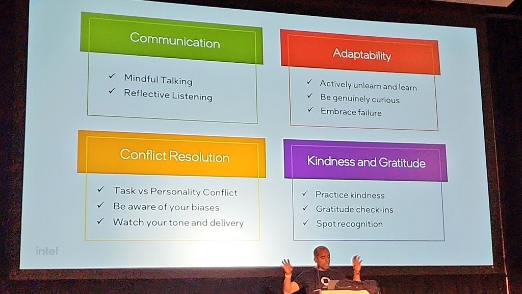 Four key takeaways from this talk.

Communication, adaptability, conflict resolution, and kindness &amp; gratitude. These are simple "soft skills" that we can start working on today for better, happier teams, communities, and world. ❤️