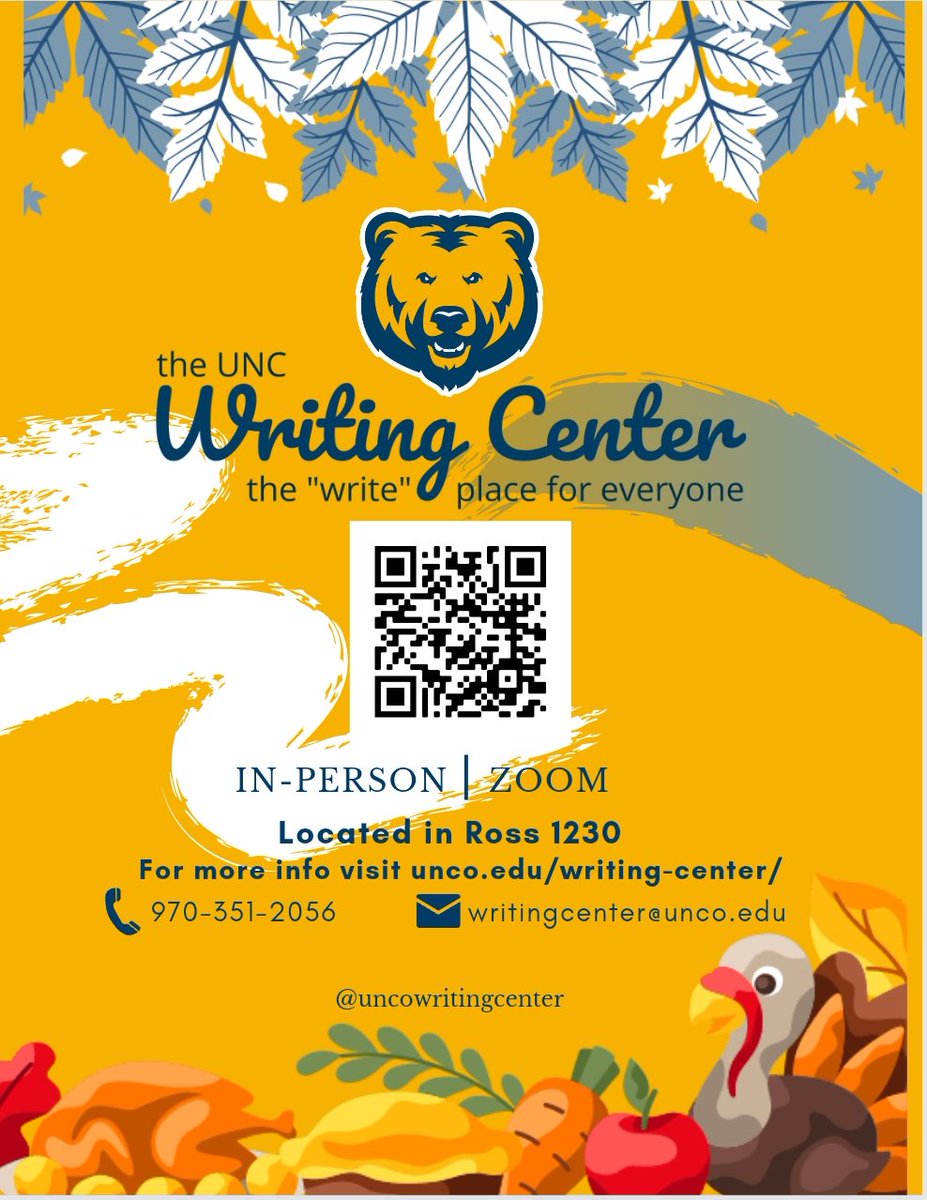 UncoWriting's tweet image. Good afternoon, Bears! Just a reminder that the Writing Center is open to help with all your final papers due!