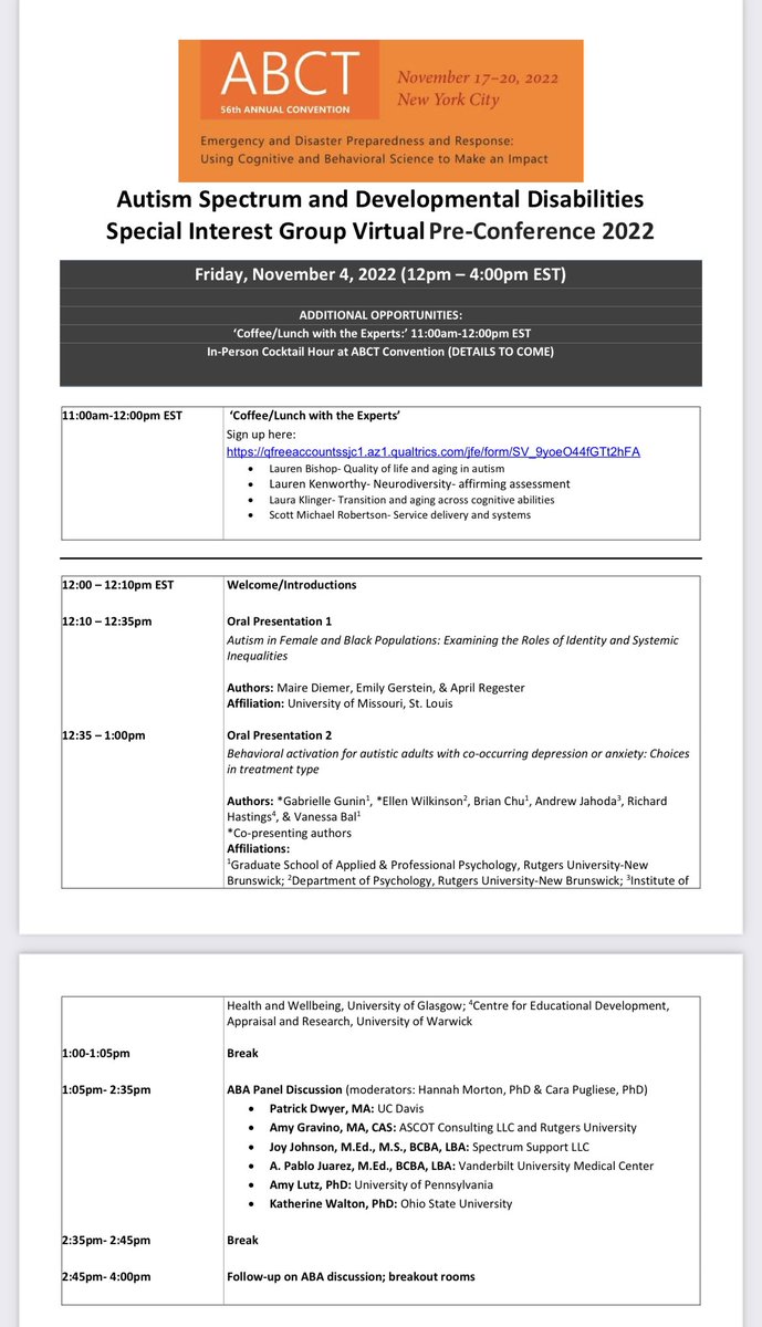 ABCTAutism's tweet photo. We’re so excited to see everyone at our @ABCTNOW #ASDD SIG virtual pre-conference THIS FRIDAY from 12-4pm EST with our meet-the-experts coffee hour at 11am. Please DM us if you’d like to register for either or both of these events! https://t.co/MMyngXmf6N