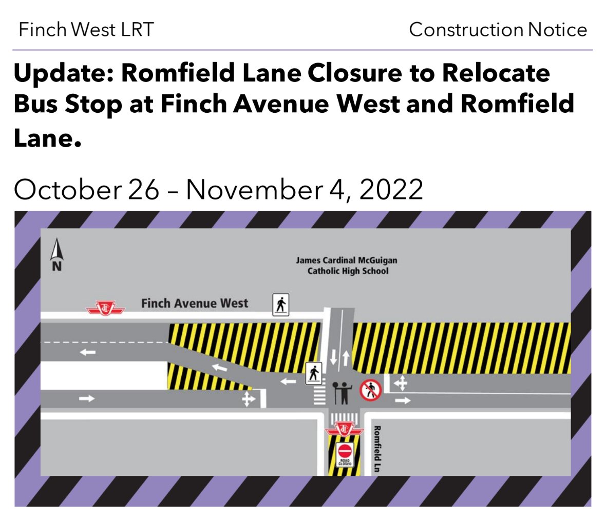 LOCATION

 - Finch Avenue West and Romfield Lane.

IMPACT

 - Romfield Laneclosureat Finch Avenue Westto accommodate a temporary bus stop.
 - Periodic sidewalk and crosswalk closures.

emeryvillagebia.ca/update-romfiel…