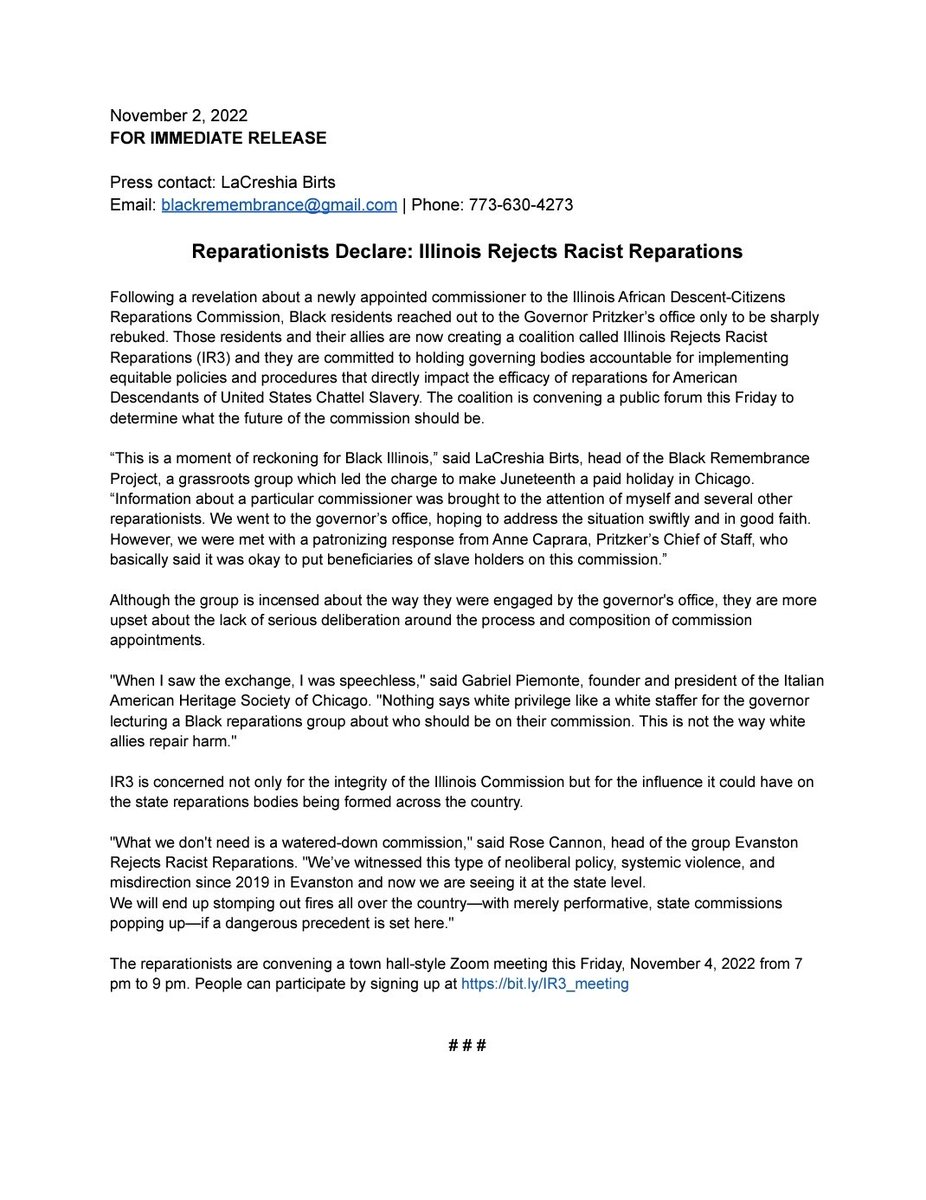 🗣Calling Black Illinois Residents &amp; National Reparationists! Please attend this urgent community meeting - Fri, Nov. 4th from 7 pm to 9 pm. 

Sign up here: bit.ly/IR3_meeting