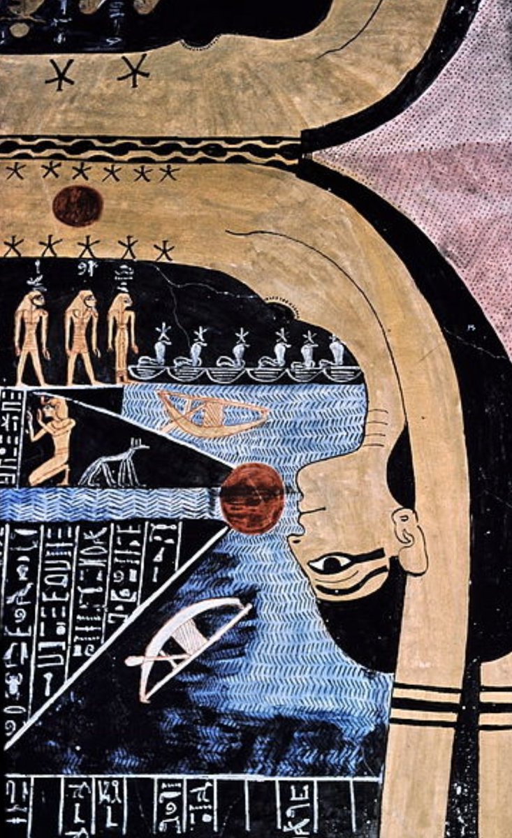 Los antiguos egipcios creían que cuando el Sol se ponía, Ra moría y subido en sus barcas sagradas navegaba durante toda la noche por el reino de los muertos, Duat, enfrentándose allí a la serpiente Apofis para renacer nuevamente al día siguiente.