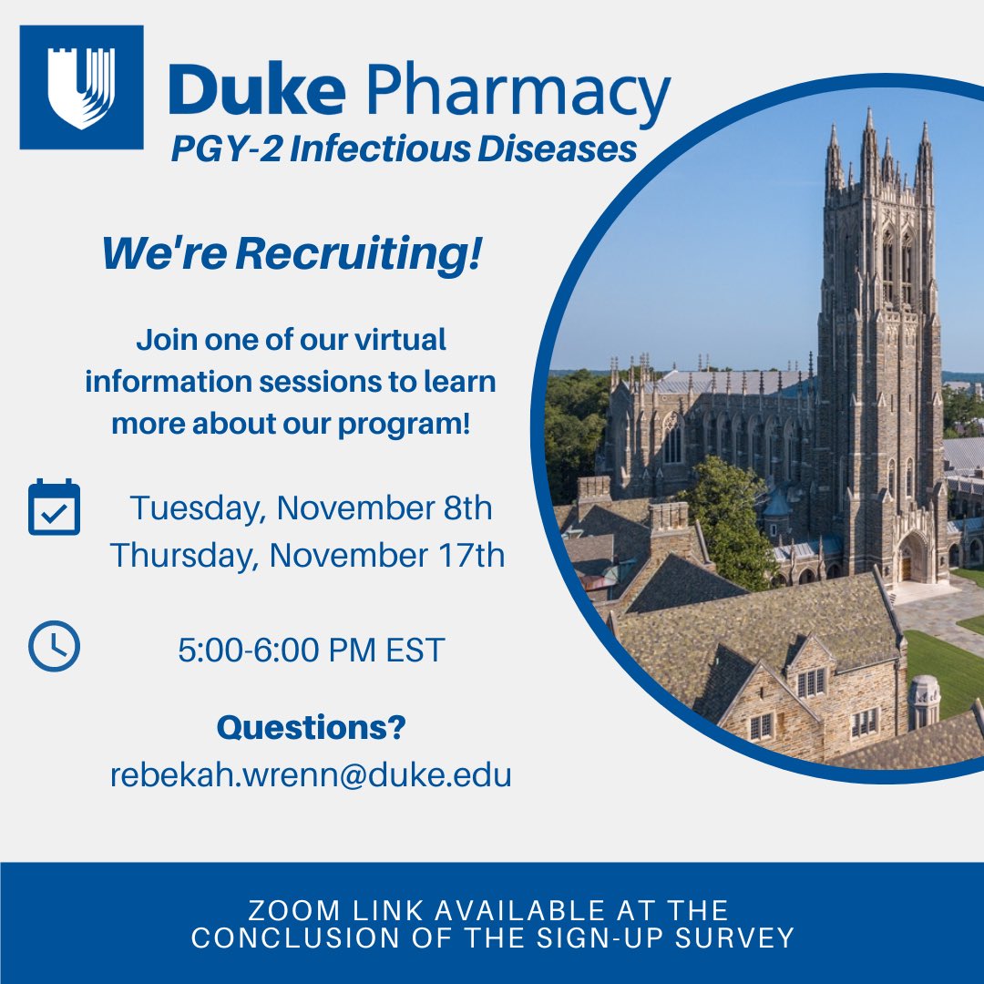 🚨 #TwitteRx #IDTwitter WE’RE RECRUITING! 🚨

Are you a PGY-1 interested in a PGY-2 in Infectious Diseases? Join us to learn more about our program and speak to current preceptors! 

Zoom link can be found upon completion of the survey: duke.qualtrics.com/jfe/form/SV_1Y…