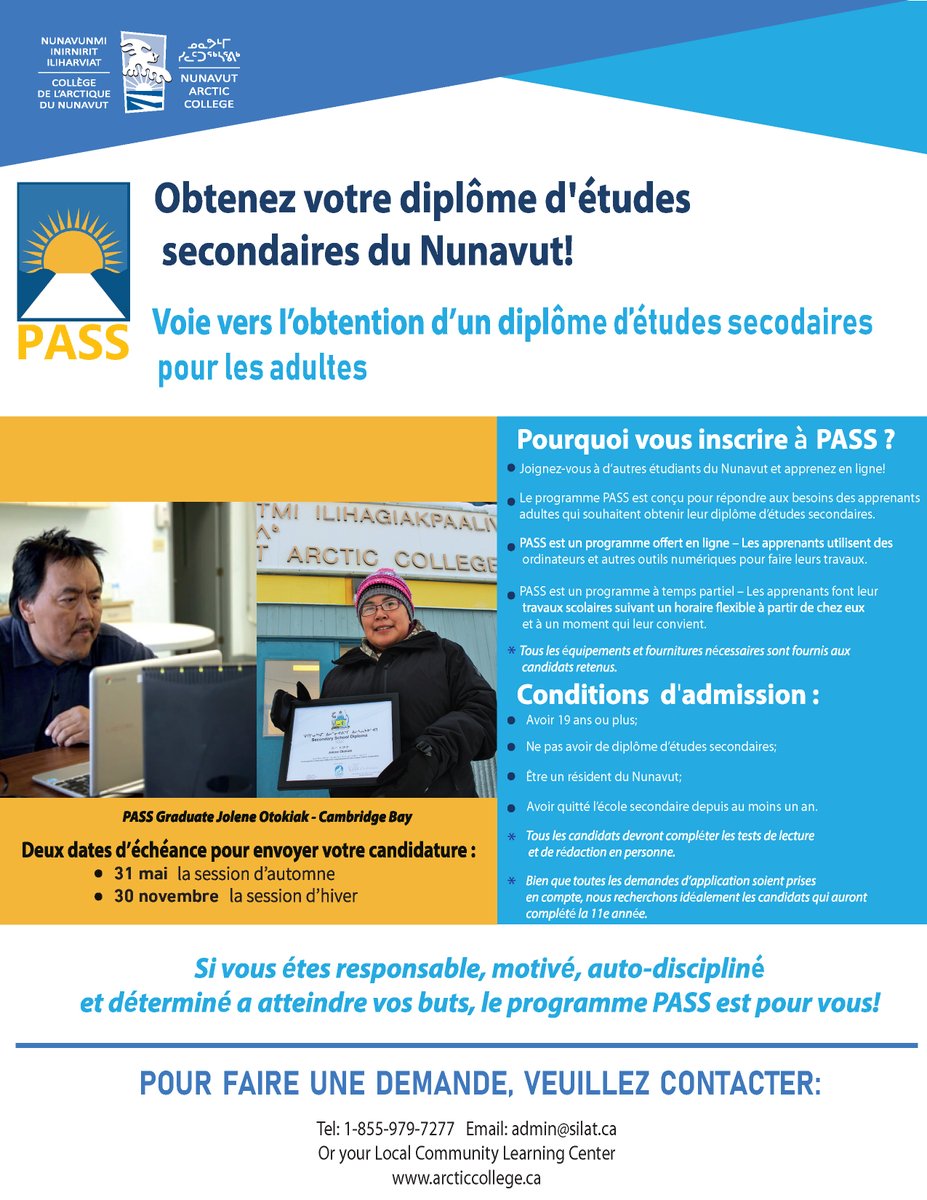 Join the online PASS program to complete your high school diploma! Apply before November 30! 
Details in the poster below.