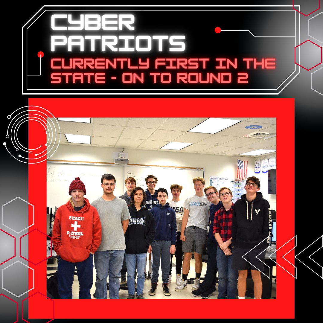 Our Cyber Patriots team is currently first in the state in the National Youth Cyber Defense Competition! This is the nation's largest cyber defense competition that puts students in charge of securing virtual networks. Our students move on to Round 2 this weekend! GOOD LUCK TEAM!