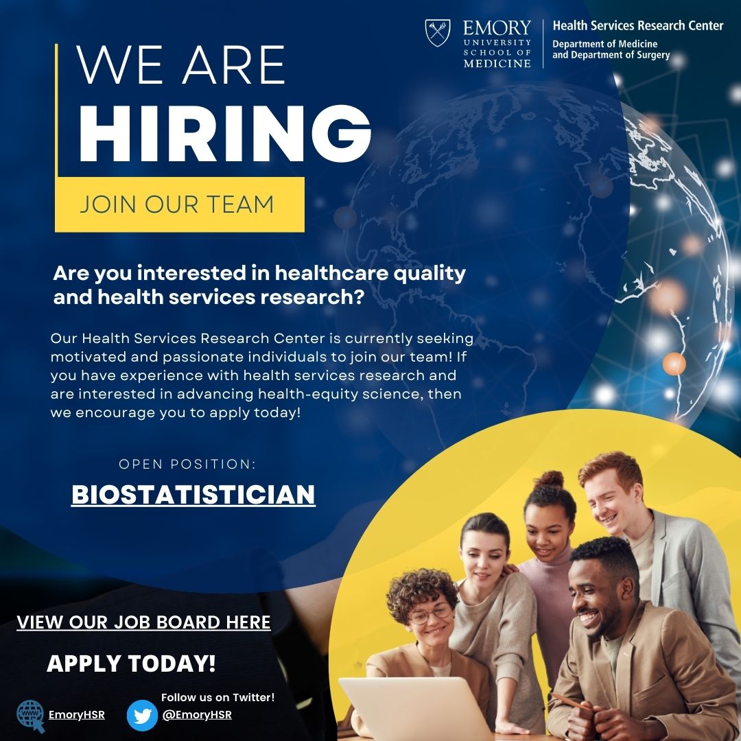 Emory Health Services Research Center (@emoryhsr) on Twitter photo JOB ALERT: <a href="/EmoryHSR/">Emory Health Services Research Center</a> is looking for a dynamic biostatistician to join our team! Full details: tinyurl.com/yr8nn2wt
To apply, send 1) a cover letter with a brief description of your interest in the position, 2) a current CV, & 3) three references to Tracy at: tsitler@emory.edu JOB ALERT: <a href="/EmoryHSR/">Emory Health Services Research Center</a> is looking for a dynamic biostatistician to join our team! Full details: tinyurl.com/yr8nn2wt
To apply, send 1) a cover letter with a brief description of your interest in the position, 2) a current CV, & 3) three references to Tracy at: tsitler@emory.edu