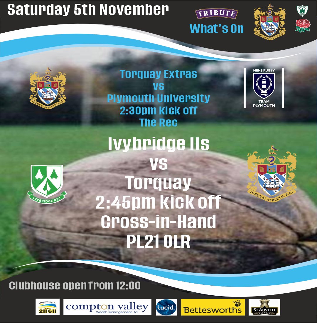 Saturday 5th November
🏉 Torquay RFC 2:45pm Cross-In-Hand PL21 0LR
🏉 Torquay Extras vs Plymouth University 2:30pm The Rec

🍻Clubhouse open 12:00

Autumn Internationals rugby on TV
 
 #TARFC #TicTicBoom #oneclub
