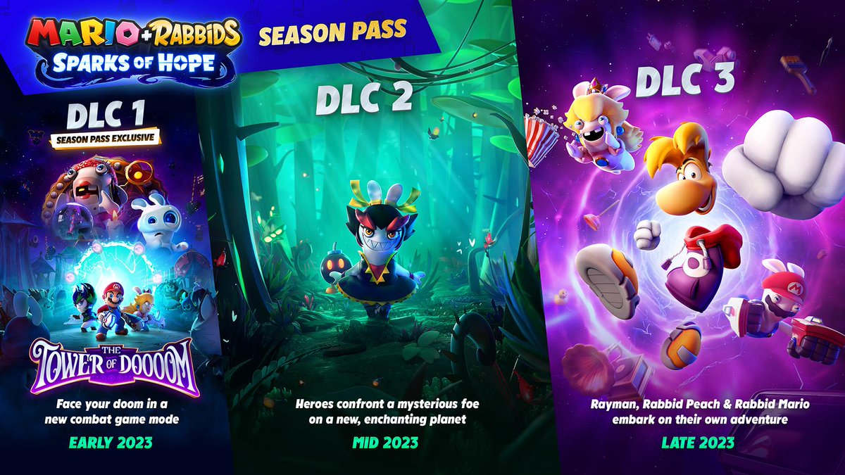 NintendoAmerica's tweet photo. Check out what’s to come in the #MarioRabbids Sparks of Hope - Season Pass!

🔮 DLC 1 TOWER OF DOOOOM coming early 2023 as a Season Pass exclusive
🍃 DLC 2 coming mid 2023
🤝 DLC 3 coming late 2023

Learn more: https://t.co/jRObBYBfFk https://t.co/QwsTgugtk5