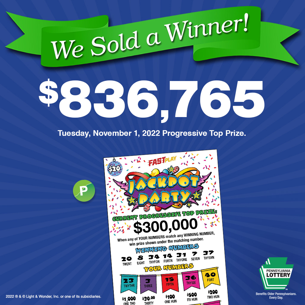 A winning JACKPOT PARTY® Fast Play ticket with a progressive top prize of more than $836,000 was sold in Allison Park, Allegheny County! Congratulations to the winner! 🎉 bit.ly/3tbHoBn