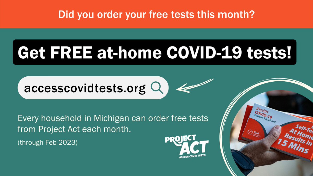MPHI (@mphihealth) on Twitter photo Arkansas, Illinois, Kansas, Maine, Michigan, New Mexico, North Carolina, and Ohio residents can order FREE COVID-19 at-home tests from Project Act each month through February 2023.
Order yours online at accesscovidtests.org or call 211 for help ordering. Arkansas, Illinois, Kansas, Maine, Michigan, New Mexico, North Carolina, and Ohio residents can order FREE COVID-19 at-home tests from Project Act each month through February 2023.
Order yours online at accesscovidtests.org or call 211 for help ordering.