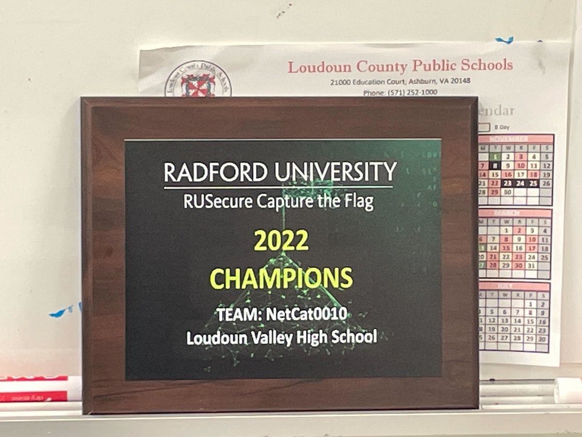 Last Spring <a href="/LVHS_official/">Loudoun Valley HS</a> took 1st piace in <a href="/radfordu/">Radford University</a>’s RUSecure competition with <a href="/L_R_Lloyd/">L. Lloyd</a> as their teacher. They just got the plaque!