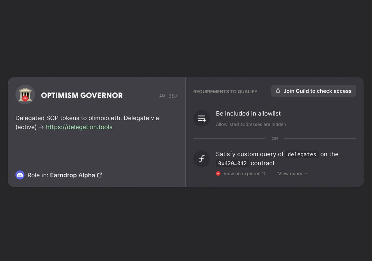 Earndrop_io's tweet photo. New Earndrop Quest:

Optimism Governor 🔴🏛️ 

People that delegated to olimpio.eth address can go to Earndrop Guild and claim the Discord Role right now 👇

 https://t.co/QrCJgGogKb

There are 8 other special roles in Earndrop Guild, and, for now, they are just a badge 👀 https://t.co/8PKl9c4H3Y