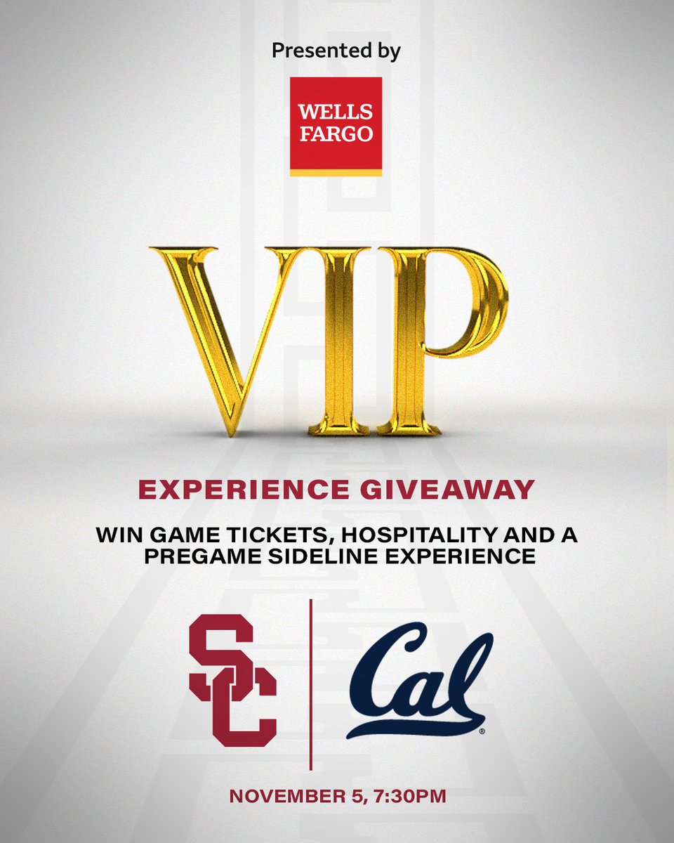 USC Trojans (@usc_athletics) on Twitter photo We’re giving one lucky fan a VIP experience at this Saturday’s <a href="/uscfb/">USC Football ✌️</a> game, presented by <a href="/WellsFargo/">Wells Fargo</a>!
Retweet to enter for your chance to win! We’re giving one lucky fan a VIP experience at this Saturday’s <a href="/uscfb/">USC Football ✌️</a> game, presented by <a href="/WellsFargo/">Wells Fargo</a>!
Retweet to enter for your chance to win!