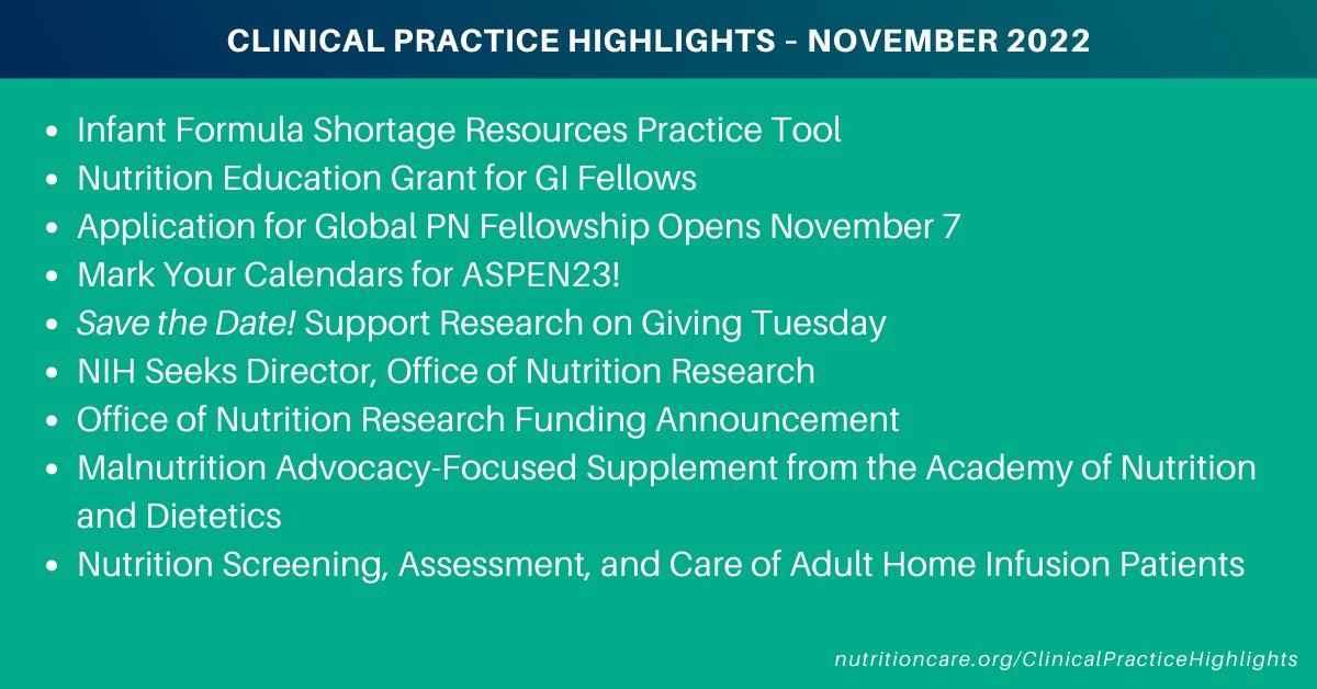 ASPEN_nutrition's tweet image. The November 2022 issue of our monthly newsletter, Clinical Practice Highlights, is available now! Read the newsletter here: ow.ly/azXZ50Ls8wX

#clinicalnutrition #formulashortage #malnutrition
