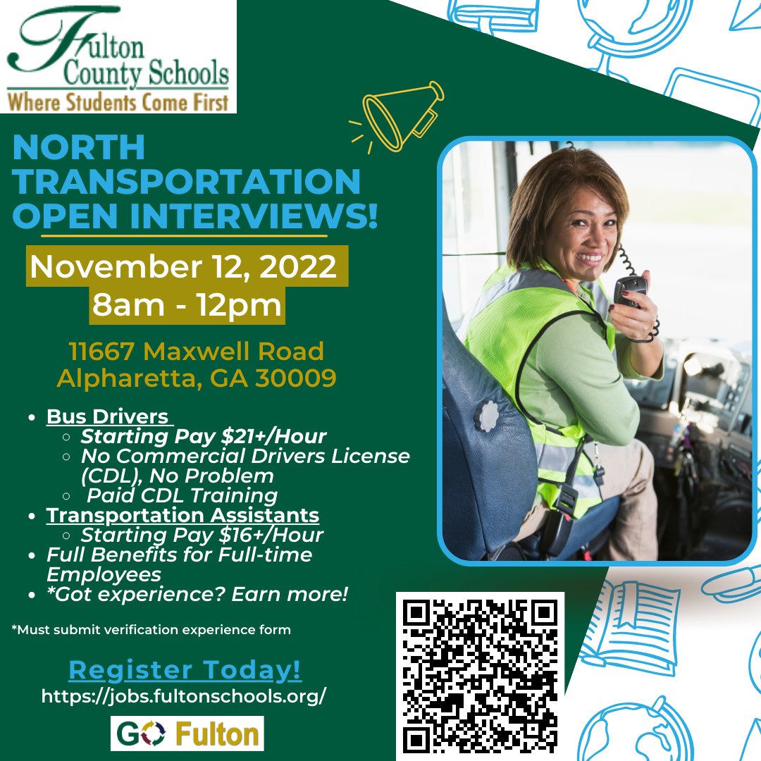 GO_Fulton's tweet photo. 📢Got Drive? 🚌Get on the Bus with Fulton!! Join us at our Open Interviews Event!! #Hiring for NORTH Locations!! Get an offer on the spot!! #DriveInFulton #ThriveInFulton
@FultonCoSchools 
📌Register Today: https://t.co/sNAZRLzZlP https://t.co/S3jIJavLb7