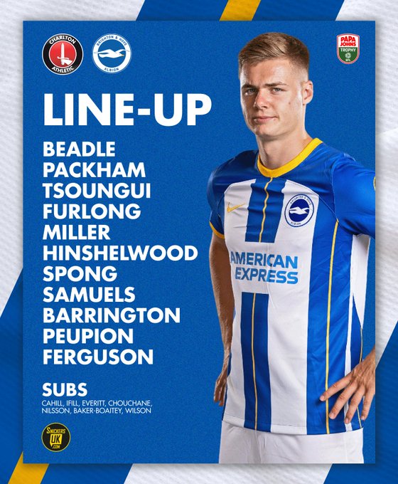 Albions U21s team graphic featuring Evan Ferguson Beadle Packham Tsoungui Furlong Miller Hinshelwood Spong Samuels Barrington Peupion Ferguson Subs Cahill Ifill Everett Chouchane Nilsson Baker-Boaitey Wilson Come on Albion