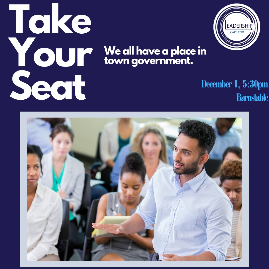 CapeCodLeaders's tweet image. A new program offering is the Take Your Seat initiative. Our first session will be held on Dec 1st, from 5:30pm-7:30pm at the Harborview Room on the Barnstable County Campus. Learn more + sign up today!  ow.ly/roAL50LrOYA