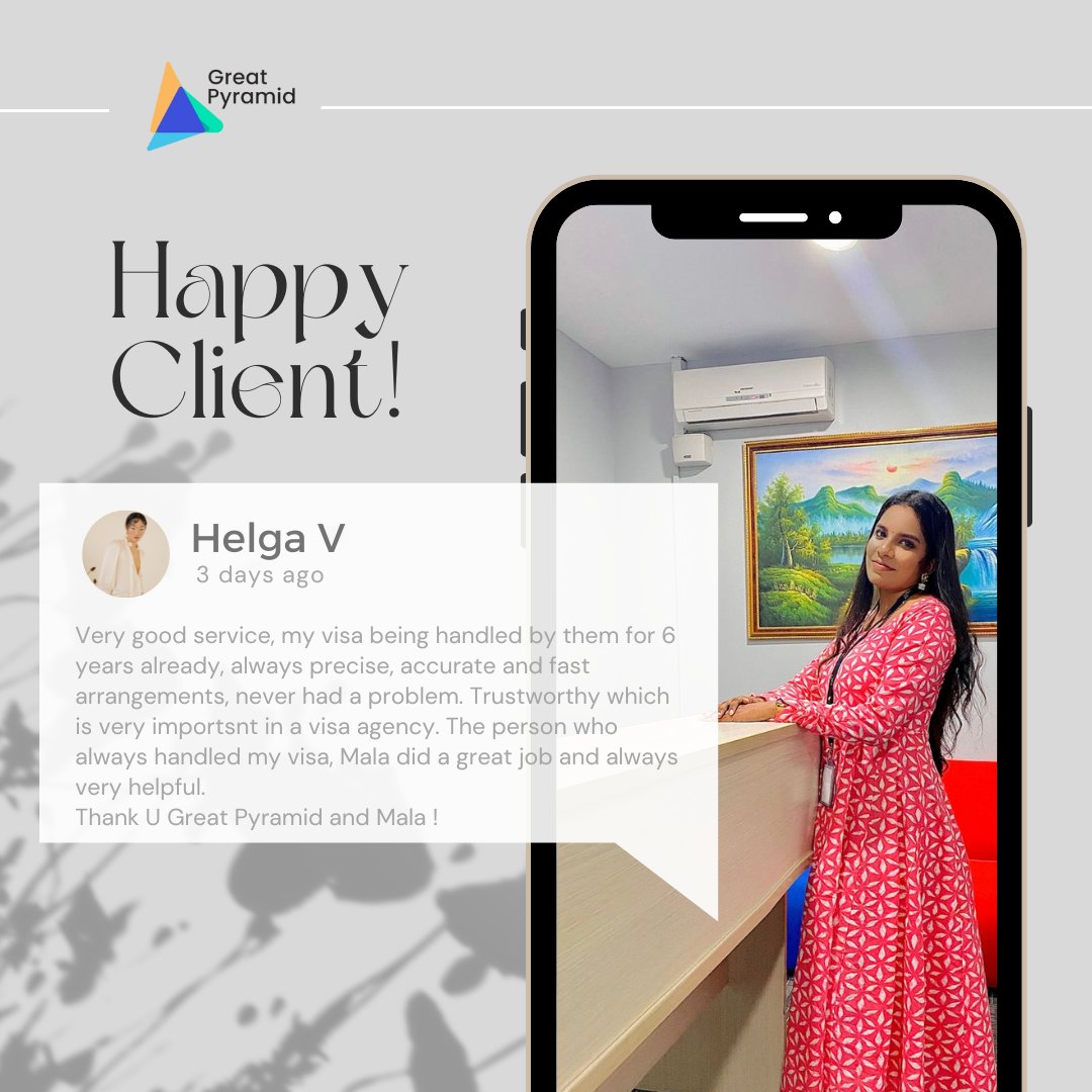GreatPyramidSB's tweet photo. Happy Wednesday, happy review from our Client!
Shout out to our superstar Mala for her efforts. Keep up with the good works!
#happyclients #happyreviews #5starsreview #immigrationservices #malaysiavisa #visaagency #immigrationagency https://t.co/jlMcF6xerk