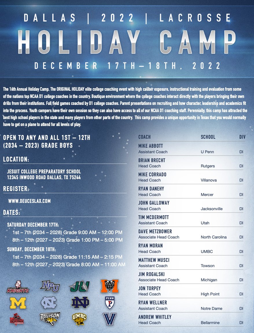 IronHorseLax's tweet photo. The 16th Annual Holiday Lacrosse Camp Dallas, TX....2 new coaches recently added Matthew Francis, Lehigh and Devin Samuelson Williams - https://t.co/5gZWD00kIE https://t.co/8T7qSOXckN