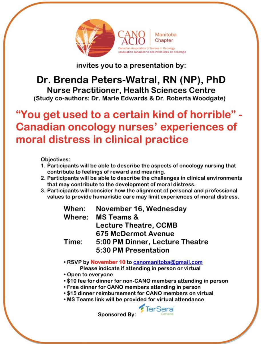 CANO_ACIO_MB's tweet photo. Join us in person or via MS Teams, on Nov. 16th, for a very special presentation:

“Canadian oncology nurses’ experiences of moral distress in clinical practice” with Dr. Brenda Peters-Watral
#Oncology #OncologyNursing #healthcare #nursing @CANO_ACIO @CancerCareMB @SharedHealthMB https://t.co/CSCuXyrzJl