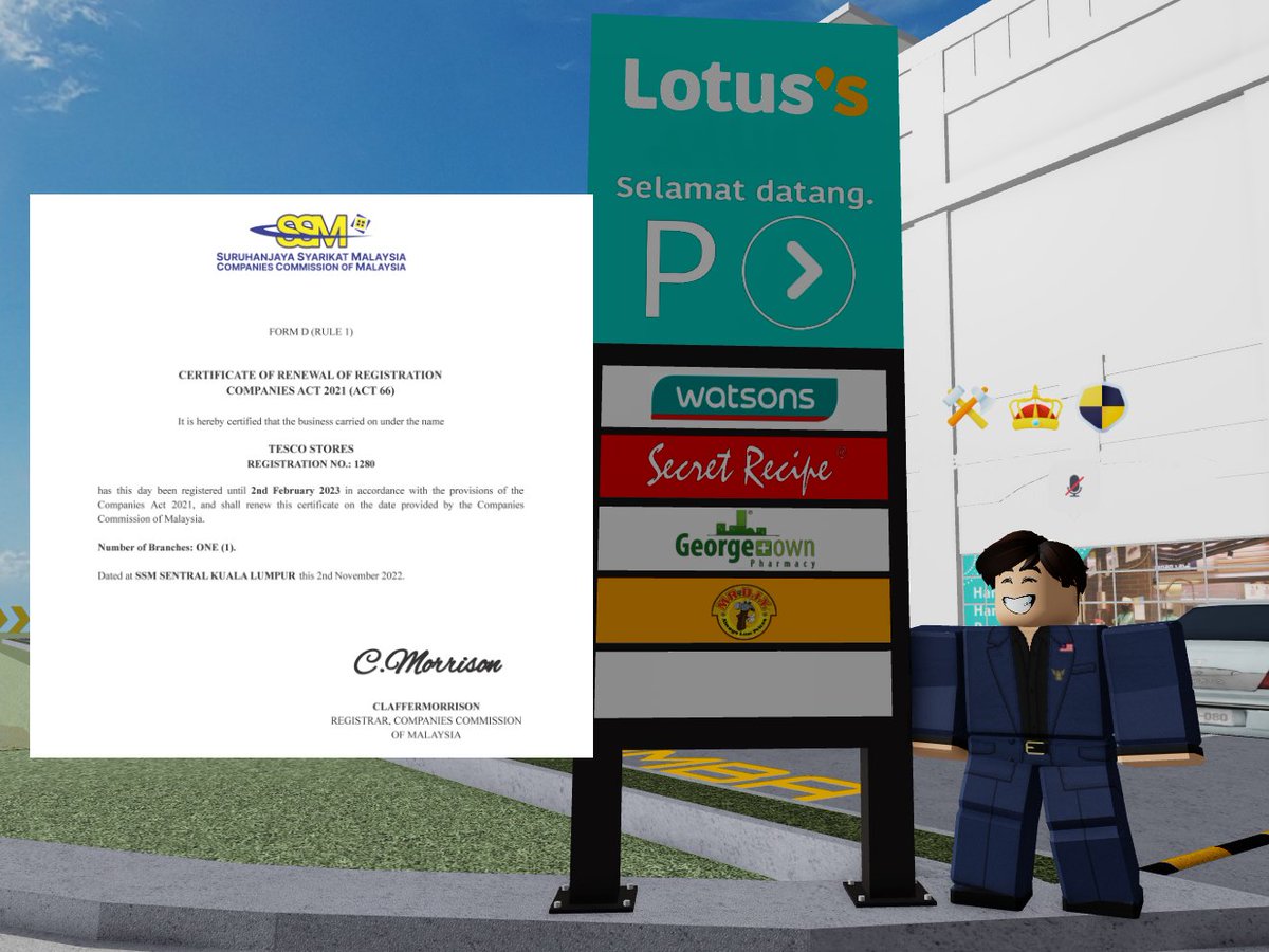 I was informed by the Senior President that Tesco Stores (or Lotus's) has been approved to run its operations in Malaysia by SSM.

Congratulations, and I, as the President, will look forward to providing the best experience for Malaysians in shopping with us. Stay tuned.