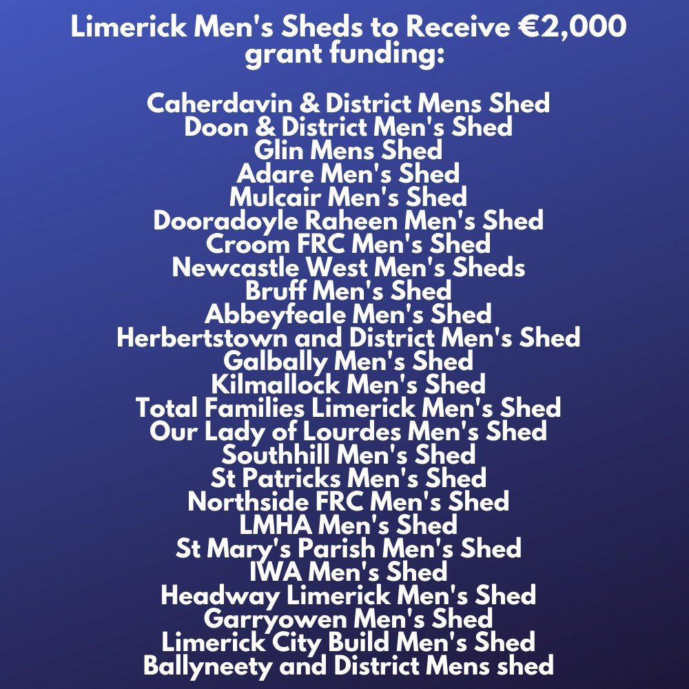 Below is the list of 25 #Limerick Sheds to receive grant funding. Our Men's sheds are invaluable to our communities. I wish to commend them for their great work and also to @HHumphreysFG for this funding announcement today.