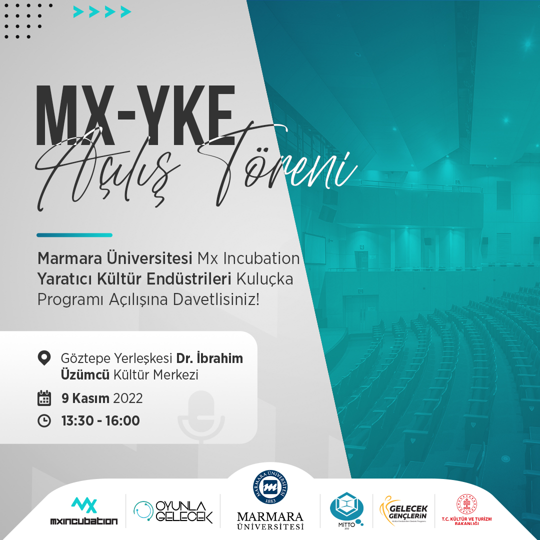 Kültür ve Turizm Bakanlığı Gelecek Gençlerin Proje Programı tarafından desteklenen Marmara Üniversitesi Yaratıcı Kültür Endüstrileri Kuluçka Programı Açılış Töreni 9 Kasım Çarşamba 13.30 – 16:00’da Göztepe Yerleşkesi Dr. İbrahim Üzümcü Kültür Merkezi’nde gerçekleştirilecektir.