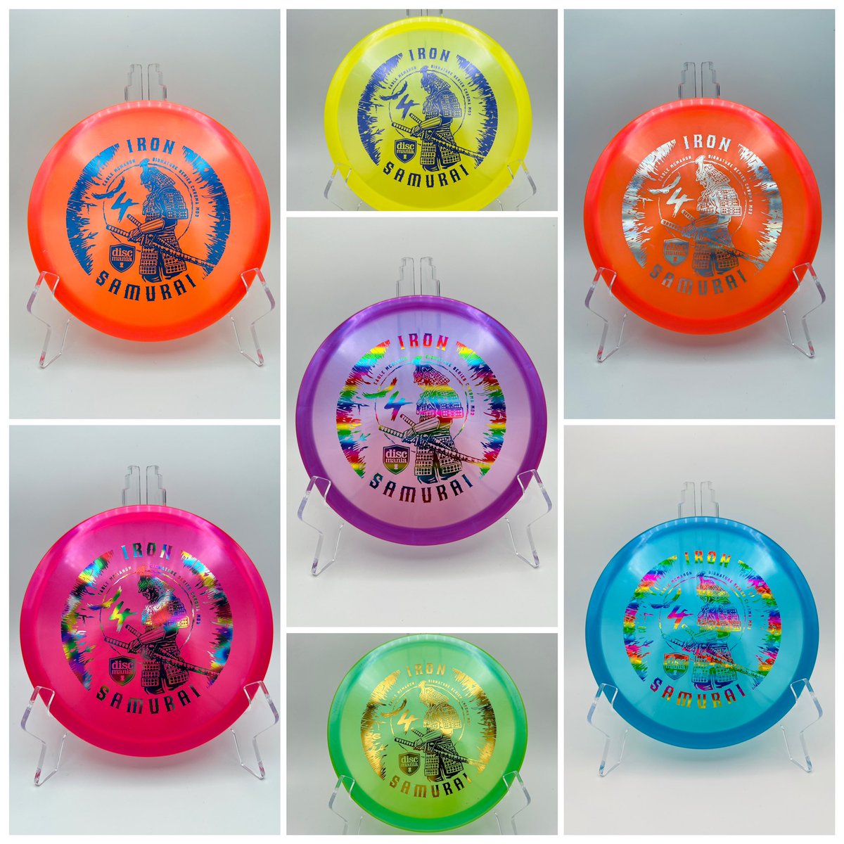 SlipperySaucers's tweet photo. Discmania Iron Samurais 4s release today at 11am EST. We have a variety of colors/foils! They will be 24.99 at our website! #discgolf #discgolfstore #NewRelease #discmania https://t.co/QfKkGcswEd