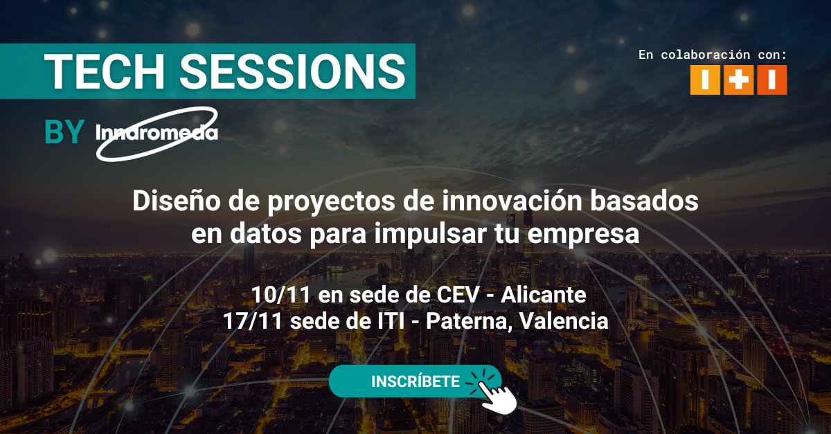 Inndromeda's tweet photo. Te esperamos en esta #TechSession by #Inndromeda.
Se trata de un taller en colaboración con @ITI_TIC, en el que diseñaremos proyectos ejecutables utilizando #datos.
🗓 10 de noviembre en la sede de la @CEV_CV, Alicante.
✍️ https://t.co/aTMvoEtP4T https://t.co/OtWp7jDI0G