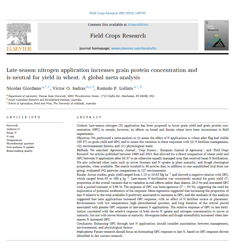 ngiordano96's tweet photo. We did a meta-analysis quantifying the effects of late season N (N applied after flag leaf emergence) on wheat grain yield and protein concentration. We identified major drivers of grain protein concentration response to late N. 1/7
https://t.co/Ua1scao7t4 https://t.co/sMW8z38g24