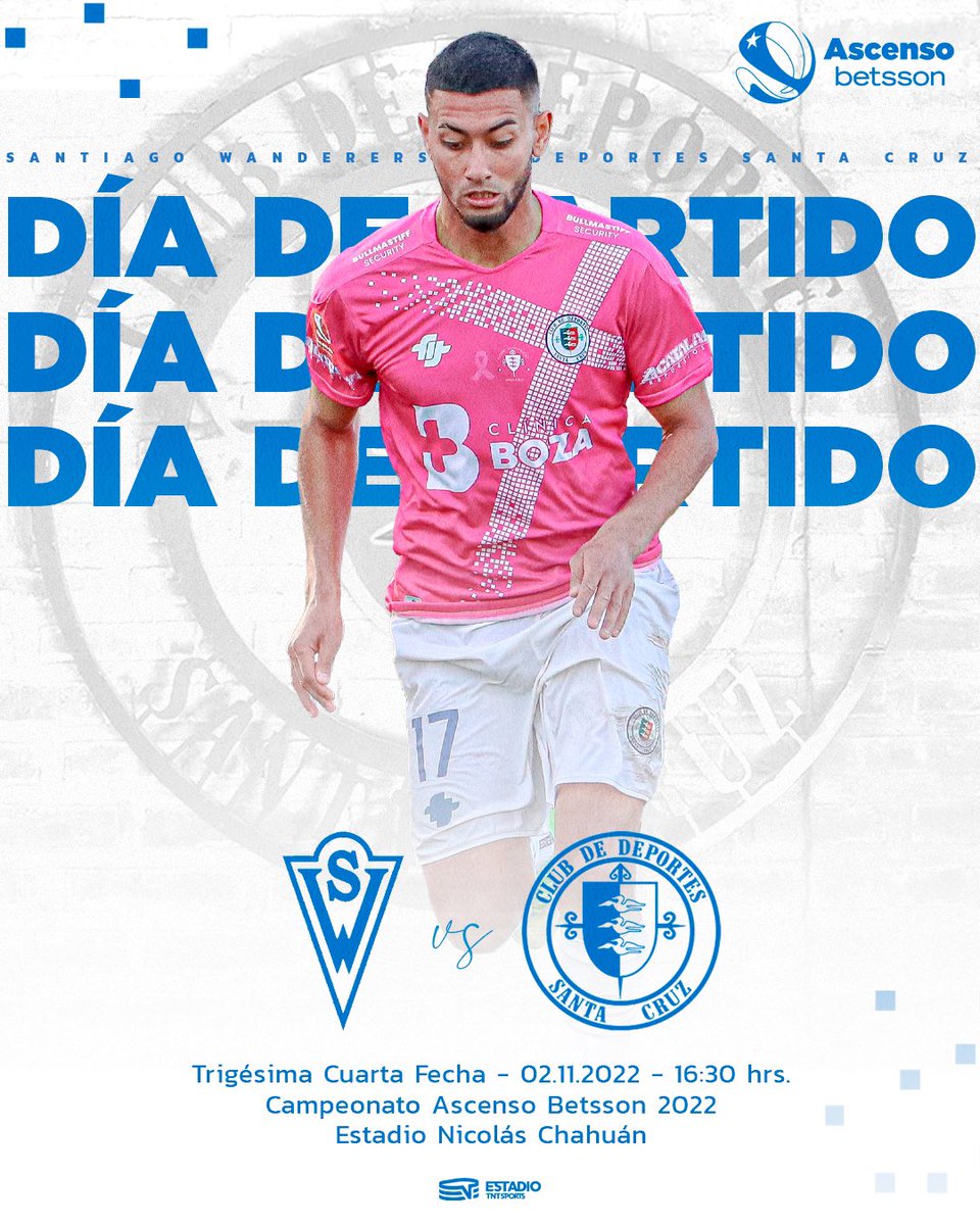 ¡HOY JUEGA SANTA CRUZ! 🤍💙

Por la última fecha del Campeonato Ascenso Betsson 2022, hoy nos enfrentamos a Santiago Wanderers. 💪🏻🔥

📲💻 Partido disponible solo por la aplicación Estadio TNT Sports. 

#VamosSantaCruz🤍💙