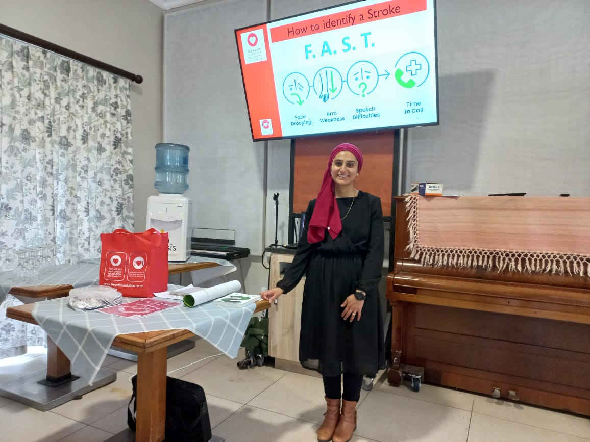SAHeartStroke's tweet photo. Kinza Hussain, Registered Dietitian at the Heart and Stroke Foundation SA, doing a health talk on Stroke Awareness at Groenkloof Retirement Village in George! 🫶❤️❤️
#precioustime #strokeawarenessweek #heartandstrokesa #minutessavelives https://t.co/7kztpuetOb