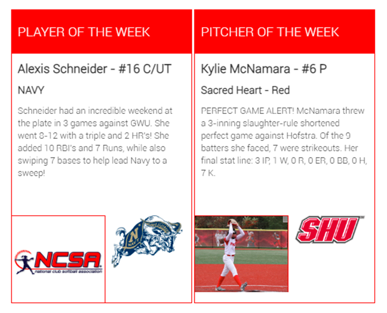 TheNCSA's tweet photo. Congratulations to Alexis Schneider (Navy) and Kylie McNamara (@ShuClubSoftball) on earning Week 7 NCSA National Player &amp; Pitcher of the Week honors! https://t.co/MsnHn82B0d