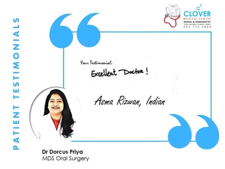 CloverDentist's tweet photo. Well done Dr. Dorcus Priya!!
Patient Name: Asma Rizwan
Nationality: Indian
Testimonial: Excellent Doctor!
#happypatients #satisfiedpatients #clovermedicalcentre #mydubaidentist #mydubaidentists #wisdomtooth #toothremoval #extraction #teethextraction #surgicalextraction https://t.co/h5pDMfilBA