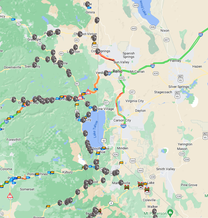 NWSReno's tweet photo. Snow covered roads and chain controls are present across the Sierra, with some roads in western Nevada and northeast CA as well. Be safe out there this morning! 

Check https://t.co/9qzK0DzQCG and https://t.co/wtpcmwMAPT for the latest on road conditions, including cameras! https://t.co/i990HVSEo3