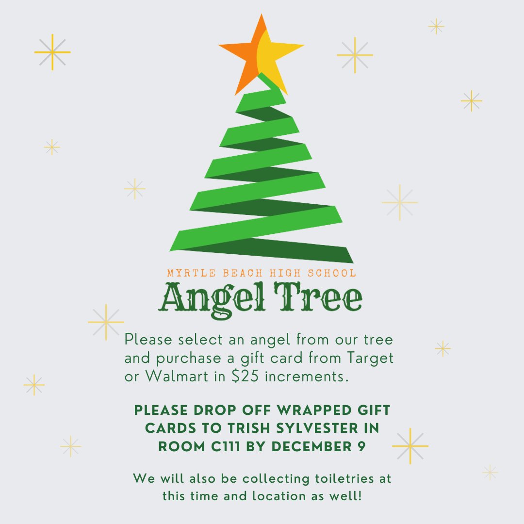 The holidays are hard for some of our local families. 
Select an angel from our tree in the Guidance office, and purchase and wrap Target or Walmart gift cards in $25 increments.  
Please drop them off to Mrs. Sylvester by Dec 9.