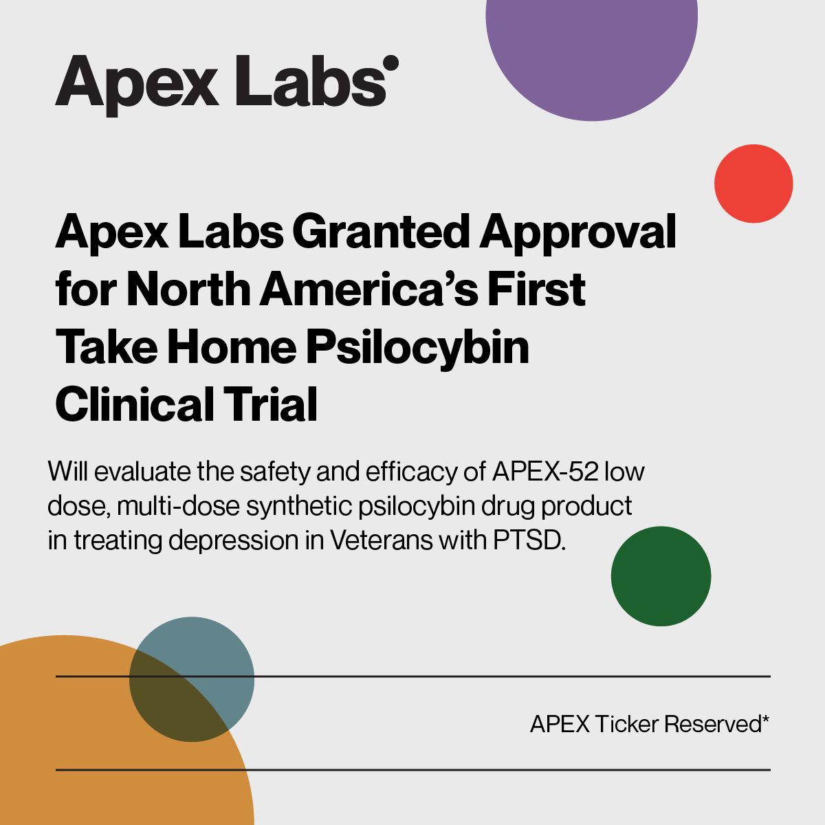 A huge congratulations to Apex Labs as they have been granted Health Canada approval for North America’s first take home psilocybin clinical trial!

#Psilocybin  #canada #clinicaltrials #ptsd #psychedelicresearch
