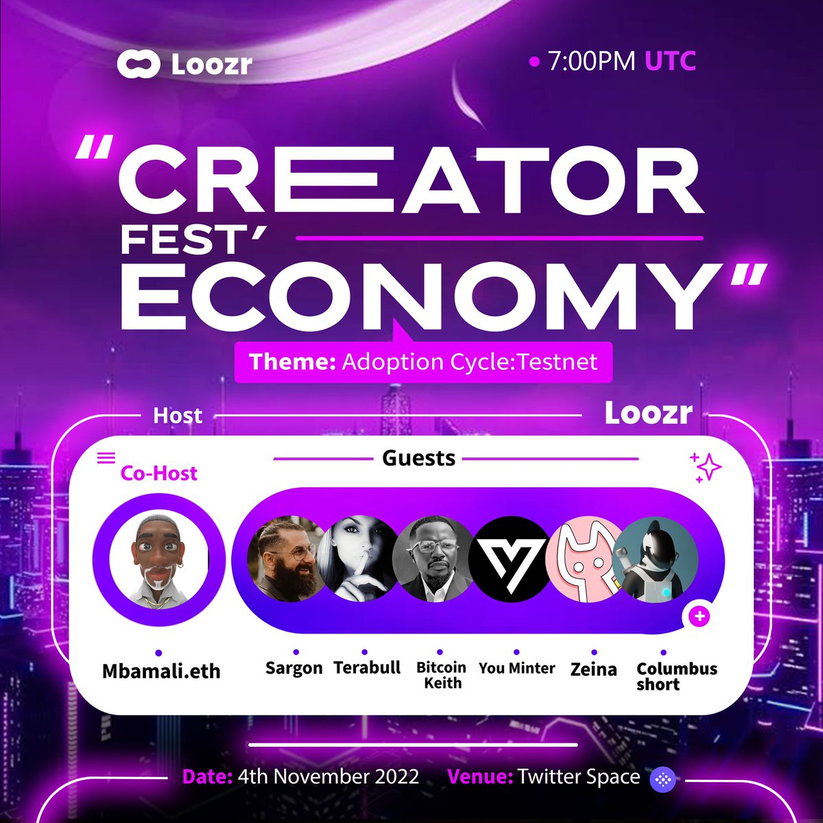 CREATOR FEST’ ECONOMY!! 💞

Guest speakers:
1️⃣ <a href="/sagonicauz/">sagoni.eth</a>
2️⃣ @tarabull808
3️⃣ @bitcoinkeith
4️⃣ <a href="/youminter/">YouMinter</a>
5️⃣ @0xzeina
6️⃣ @columbusshort1

Fav anchor @embamali 🎙 

⏰ 7:00PM UTC - FRI 4TH NOV.

#SpacesHost  <a href="/officialloozr/">LOOZR</a>

Location: x.com/i/spaces/1zqKV… 🔗

RT | 🔔