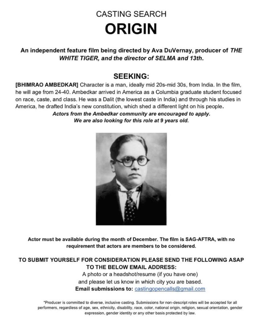 scribe_it's tweet image. Famous Hollywood Director @ava is looking for Actors from Ambedkarite community to play role of Babasaheb in her next movie. CC. @beemji @Nagrajmanjule @ghaywan