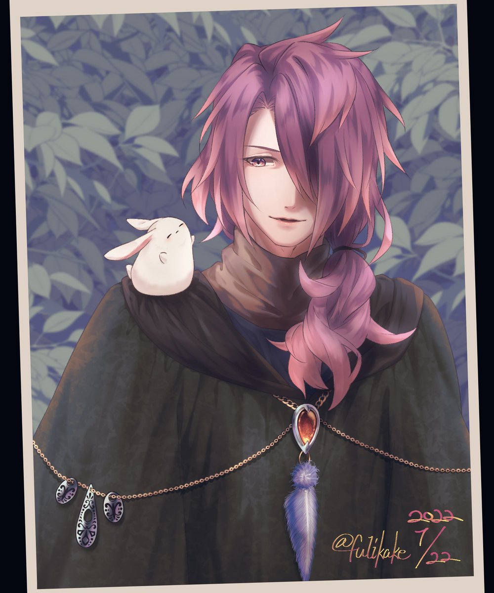 1boy male focus hair over one eye animal on shoulder long hair purple hair hair over shoulder  illustration images