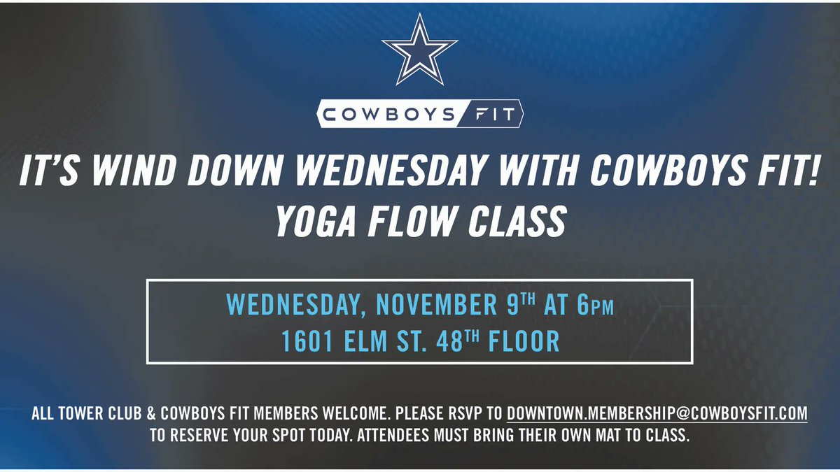 cowboysfit (@cowboysfit) on Twitter photo Join us for another Wind Down Wednesday with Tower Club! Please RSVP to Downtown.Membership@CowboysFit.com if you plan to attend.
#CowboysFit | #TowerClub Join us for another Wind Down Wednesday with Tower Club! Please RSVP to Downtown.Membership@CowboysFit.com if you plan to attend.
#CowboysFit | #TowerClub
