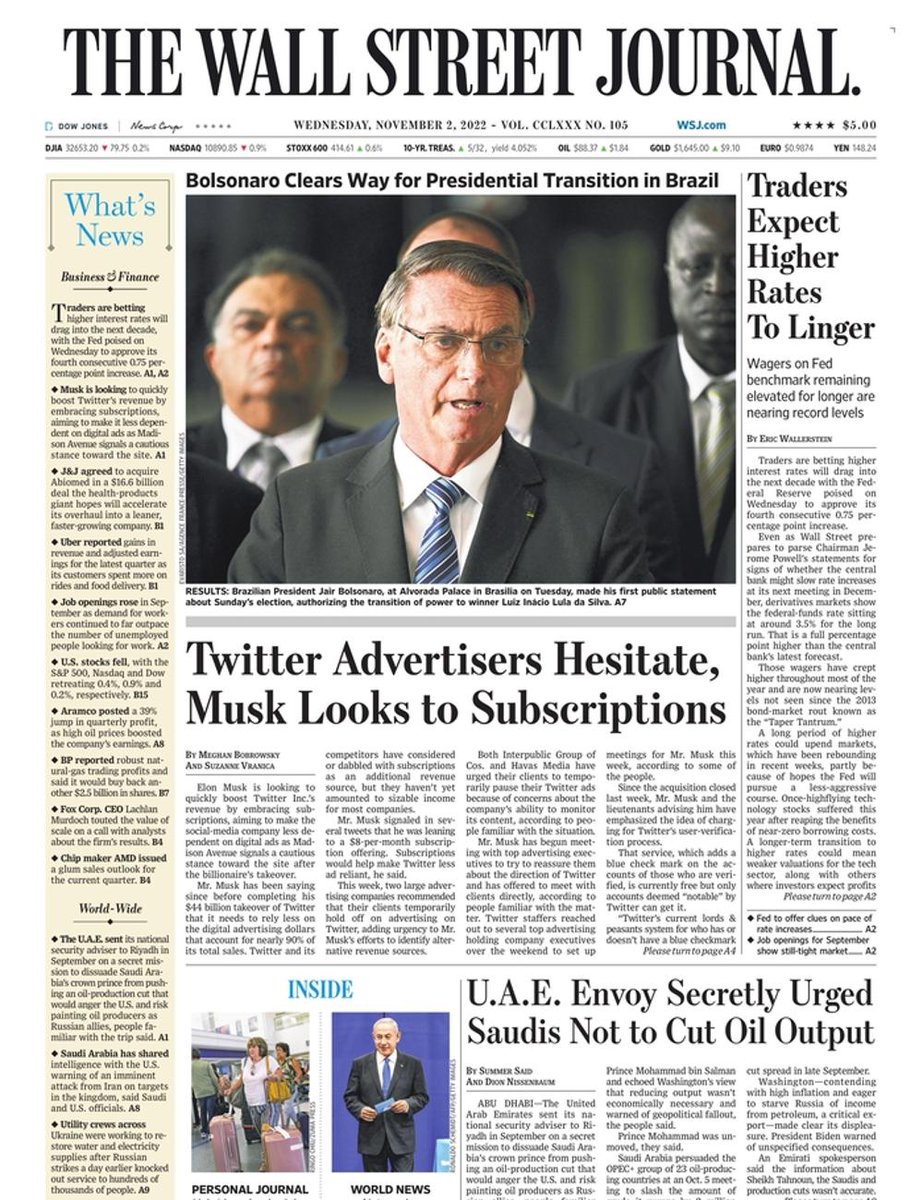 The front page of The Wall Street Journal this morning.
Wednesday, November 2 2022.