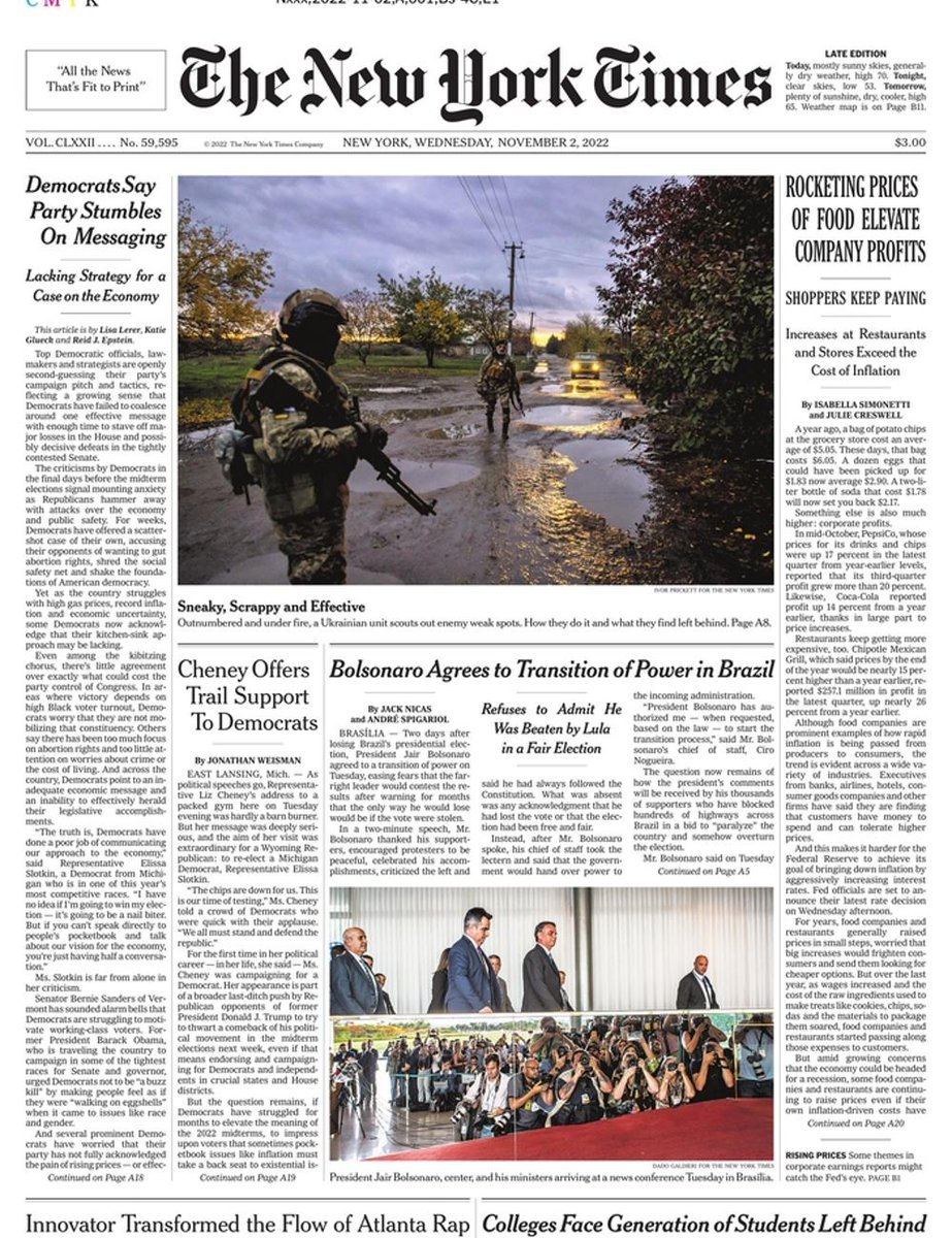 nyt_daily's tweet photo. The front page of The New York Times this morning.
Wednesday, November 2 2022. https://t.co/iCepmrGoAo