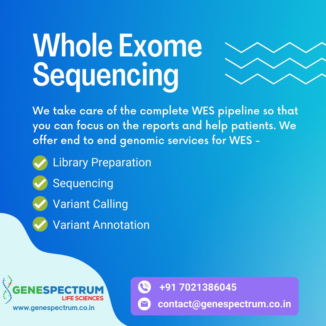 Looking for WES services?? We are happy to help!
Contact us to know more about our offering for sequencing and data analysis of Human Whole Exome.

#genomics #Bioinformatics #wholeexomesequencing #dnasequencing