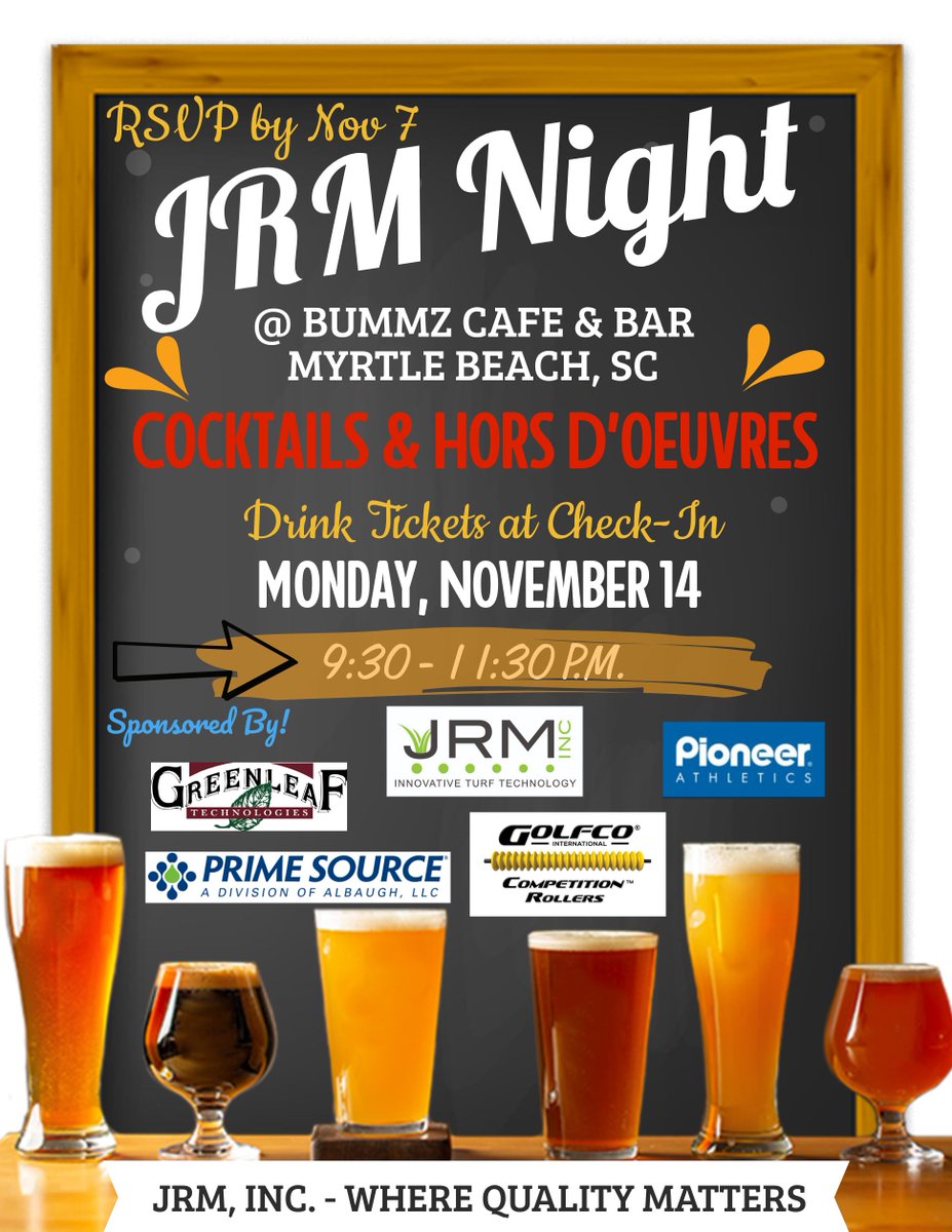 ⚡️Going to Carolinas GCSA 2022 Conference and Trade Show in Myrtle Beach, SC ☀ Nov. 14 - 16???

JOIN IN for some fun at Bummz!!! SAME BAR but DIFFERENT TIME!!!! 9:30PM to 11:30PM. 🍻

RSVP to your local JRM rep. OR email sandra.mooneyham@jrmonline.com
#CarolinasShow2022 #Bummz
