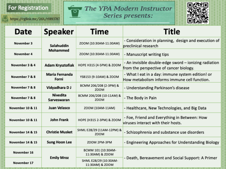 YPA_MI's tweet photo. The Modern Instructor Series held by @YalePostdocAsso and @PoorvuCenter starts TOMORROW! Check out our amazing lineup of talented postdocs giving lectures and register today! #YaleUniversity https://t.co/08rEpawtuN