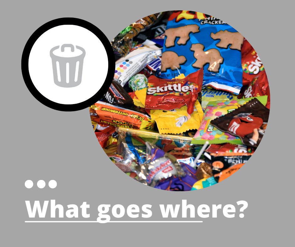 This #WhatGoesWhereWednesday tip covers Hallowe'en treats. Candy bar wrappers and chip bags are garbage. Items in boxes (like Smarties) are paper recycling. For more information on What Goes Where, download the free Halifax Recycles app or visit fal.cn/3tgb9